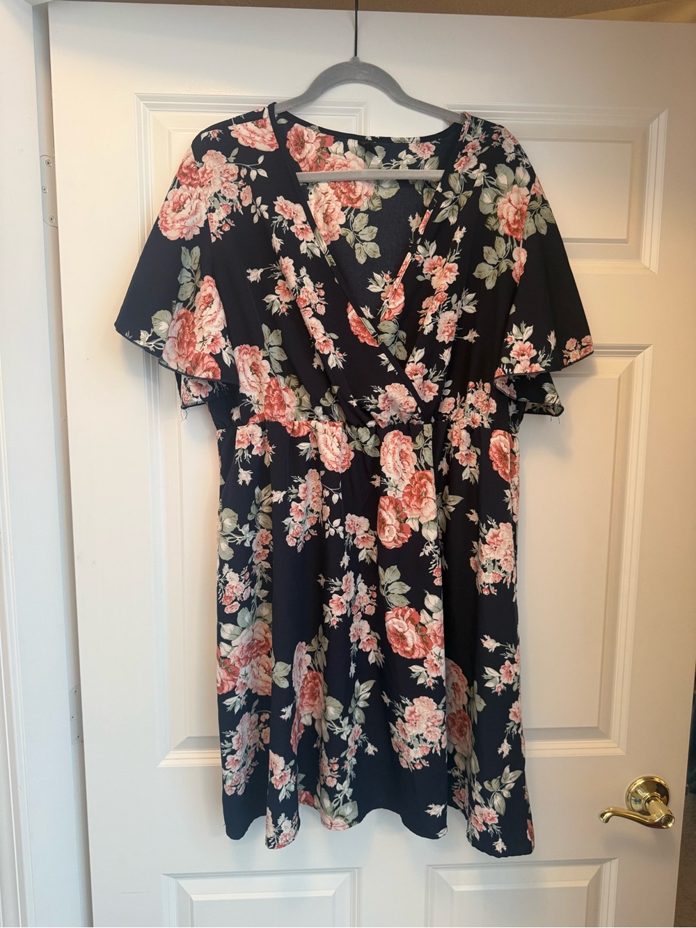 SHEIN Navy Floral Wrap Dress with Pink Roses
